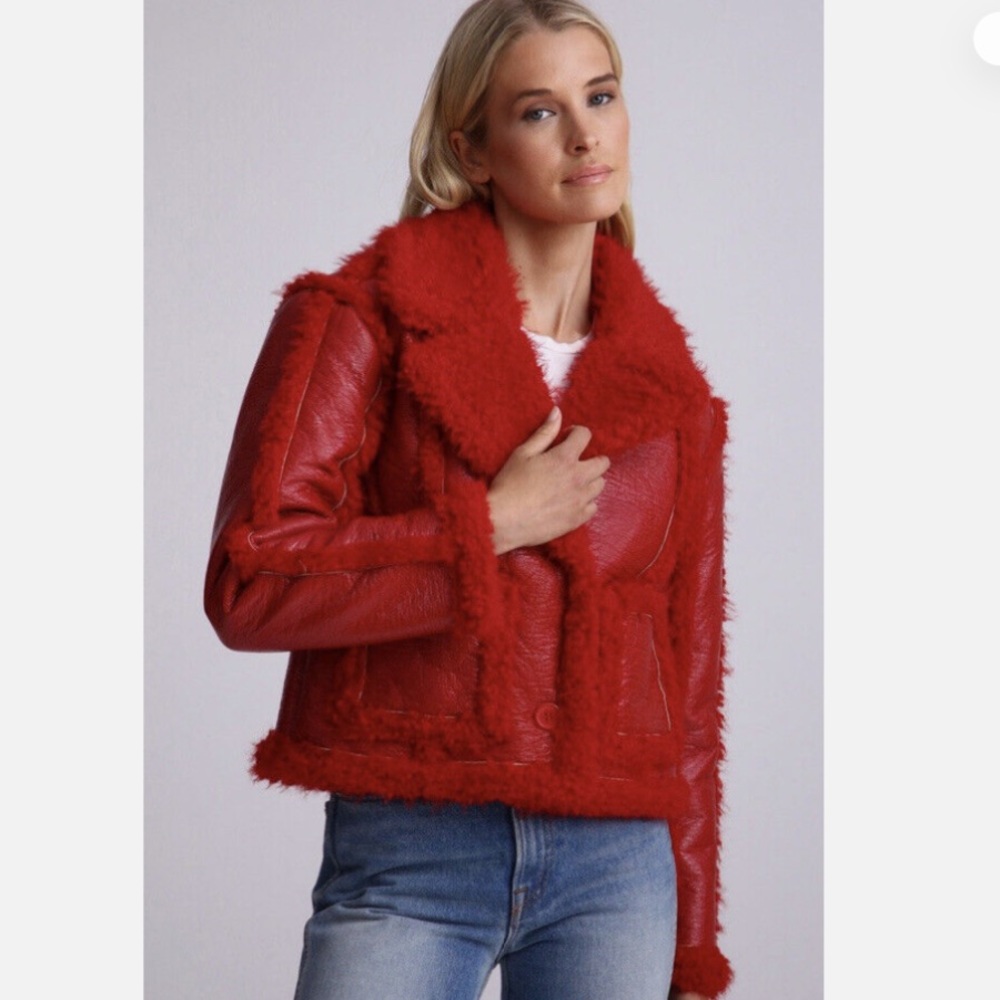 NWT 7 For All Mankind Women's Stella Red Cropped Faux Fur Shearling Jacket